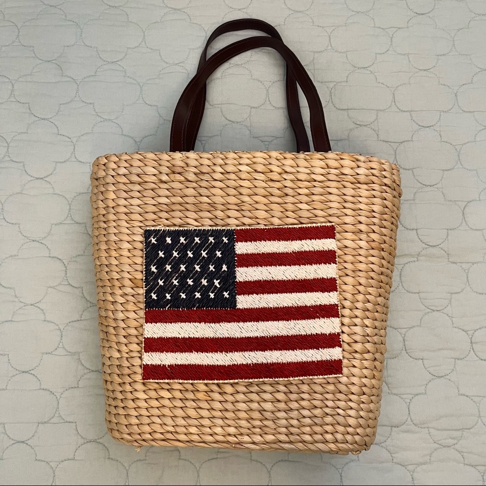 American Flag Straw Bag Women’s Shoulderbag w Navy Canvas Drawstring Interior